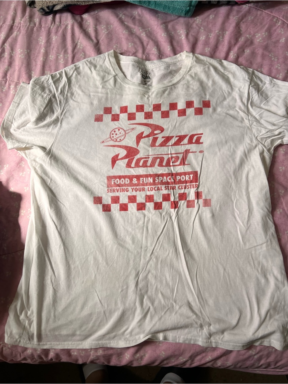 Disney White Tee with Red Pizza Planet Checker Graphic